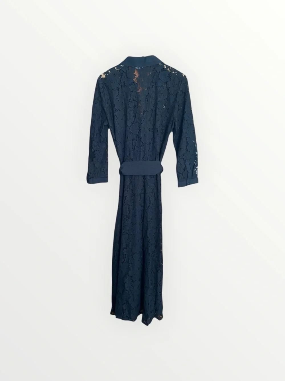 Zara Black Lace Collared Waist Tie Long Dress Size L - Picture 8 of 13